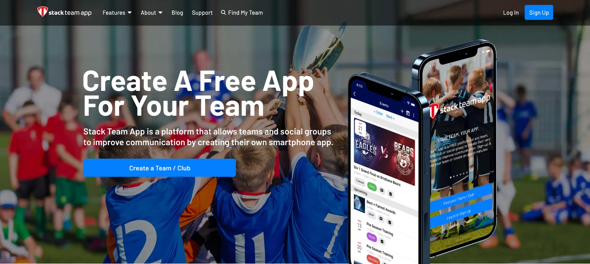 Stack Team App interface showing team event and communication features